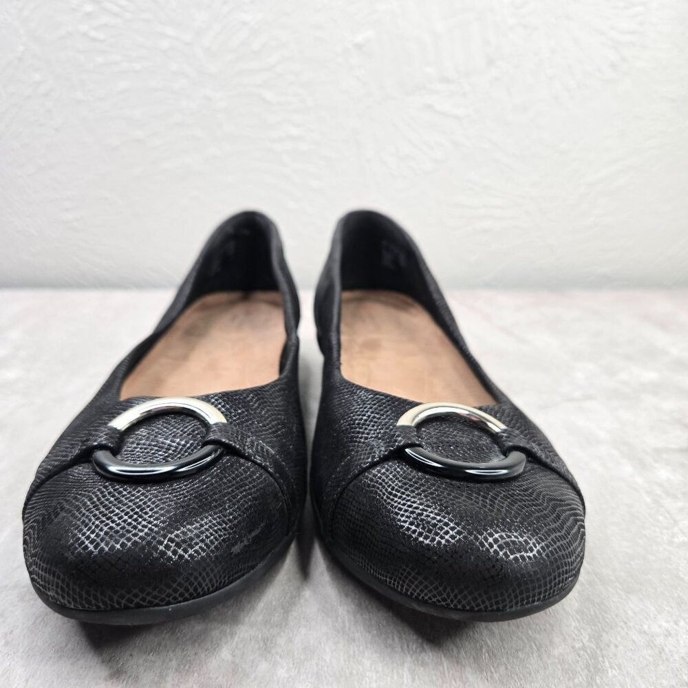 Clarks Ballet Flats Sz 10 Black Embossed Leather Comfort Dressy Ballerina Shoes - Picture 4 of 11